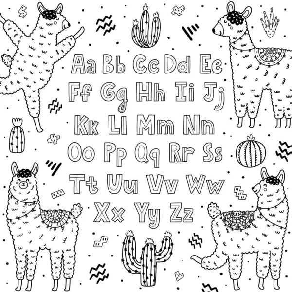 Alfabeto preto e branco com lhamas bonitos. Abc página para colorir criança — Vetor de Stock