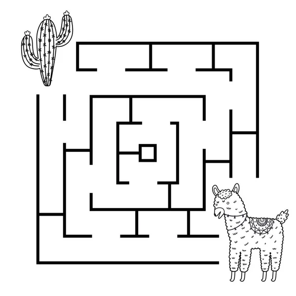 Preto e branco forma quadrada labirinto jogo com lhama engraçado — Vetor de Stock