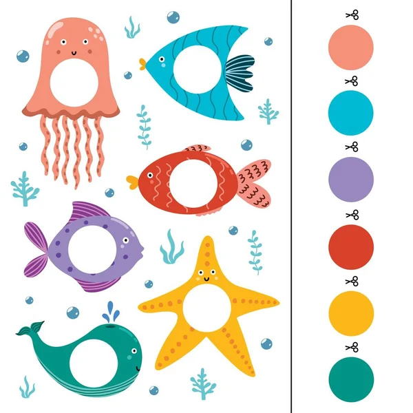 Animales de mar juego de combinación de colores para niños — Vector de stock