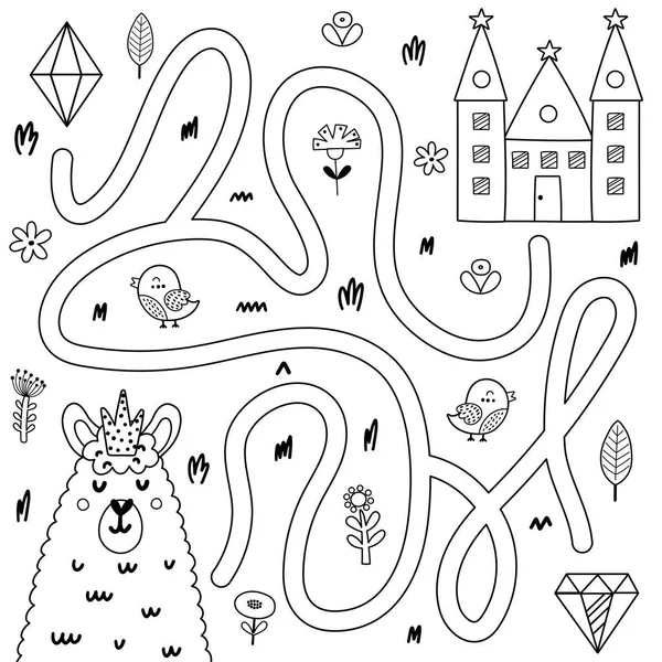 Ayuda al rey llama a llegar a su castillo. Laberinto blanco y negro juego para niños — Vector de stock