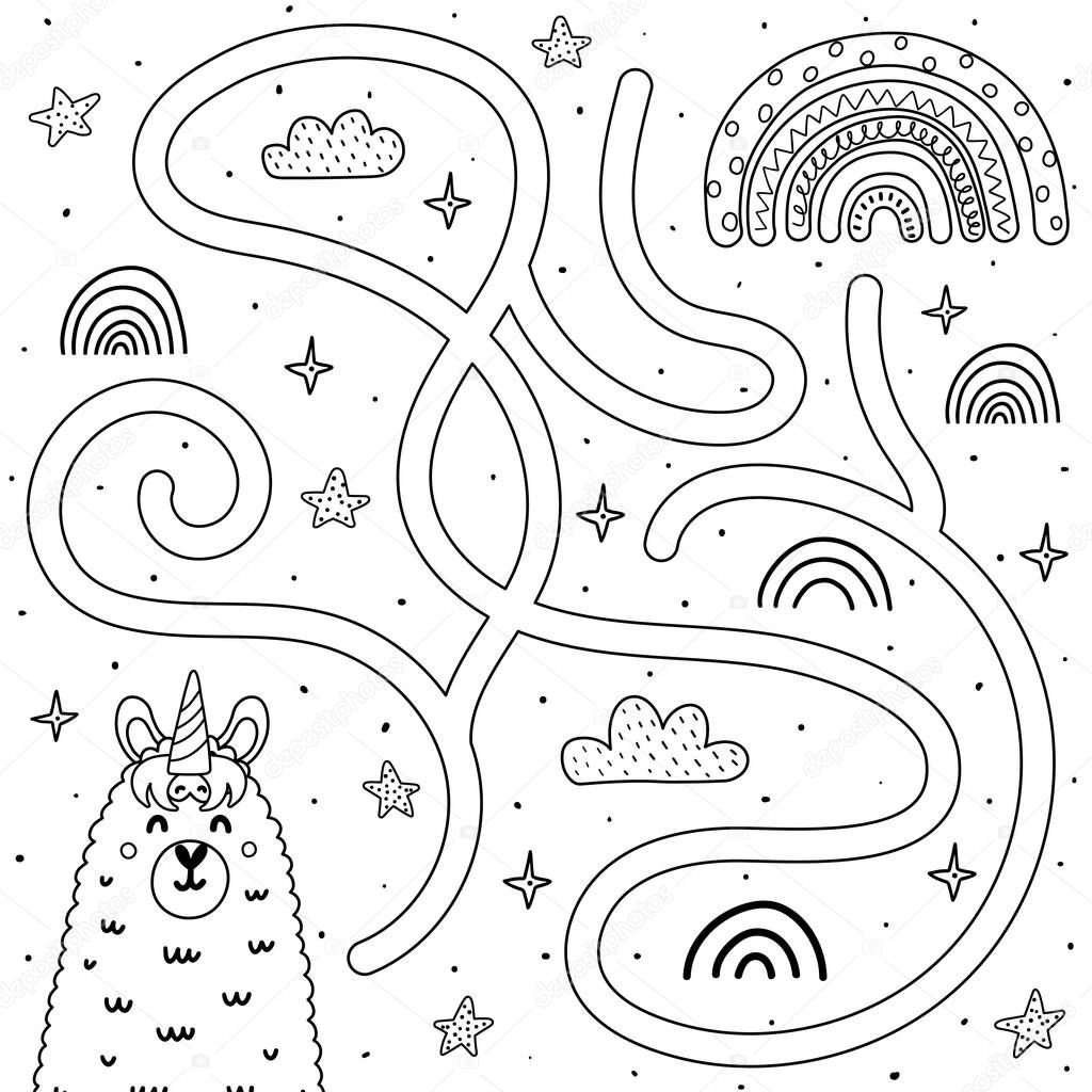 Help the llamacorn get to the rainbow. Black and white maze game