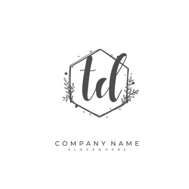 Kimlik ve logo için el yazısıyla yazılmış ilk harf TD. El yazısı ve imza tarzıyla vektör logo şablonu.