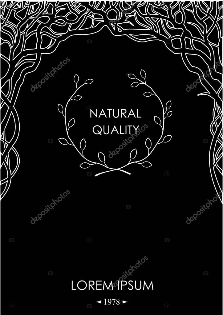 Cover of stylized silhouettes of trees with graphic patterns, card, label. Vector graphics