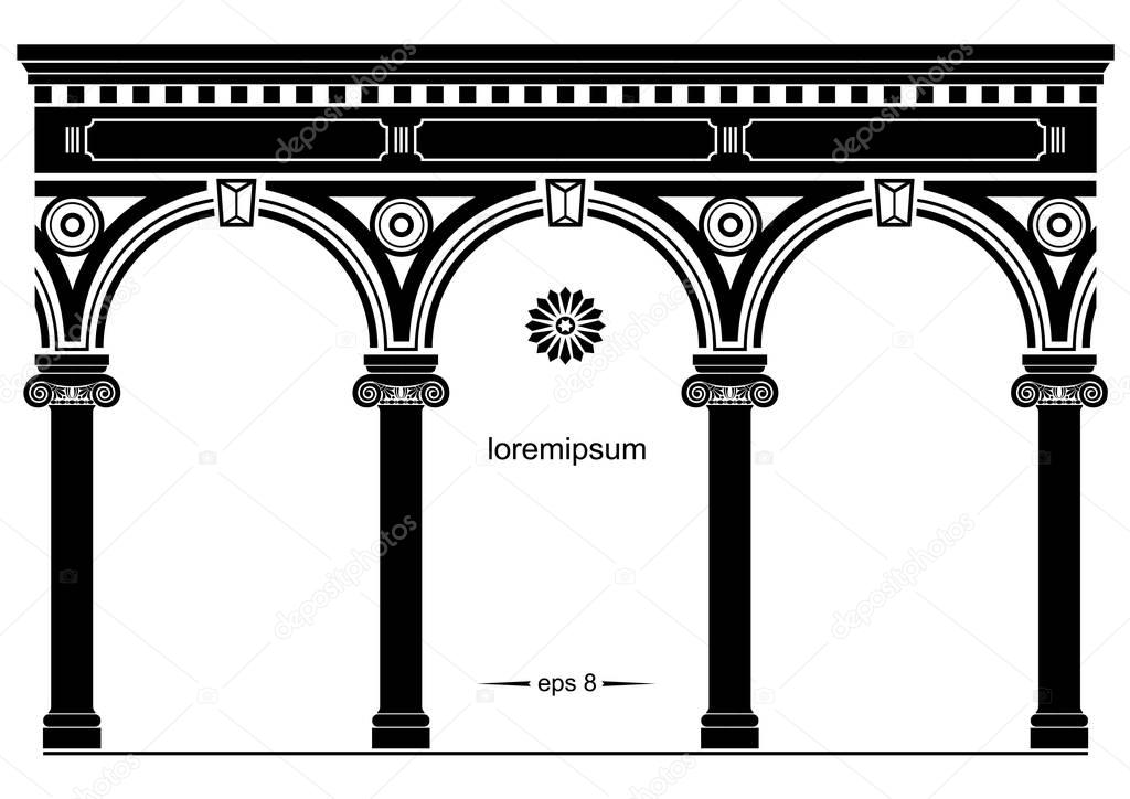 Silhouette of arched classical facade. Background for cover, invitation cards. Vector graphics