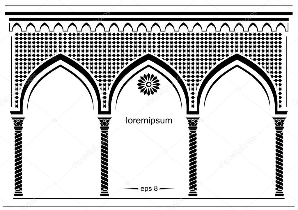 Silhouette of the arched eastern facade. Fairytale Oriental, Indian or Arabian arch, background for cover, invitation cards. Vector graphics