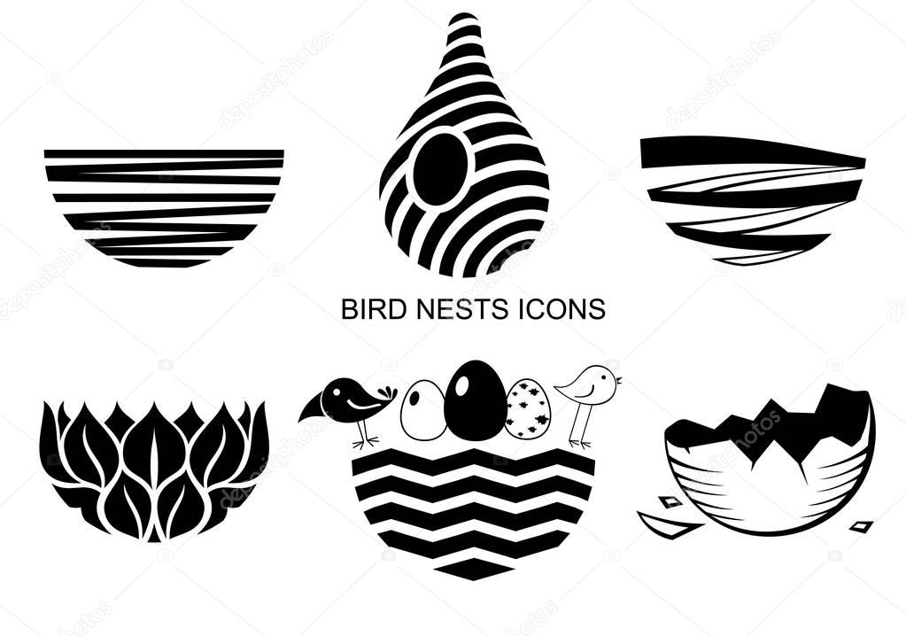 Set icons Bird's Nest for a logo or emblem in the technique of sketching. Vector graphics. Two funny birds and eggs.