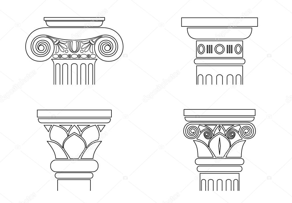 A set of different silhouettes of capitals for architectonic columns. Templates in vector graphics