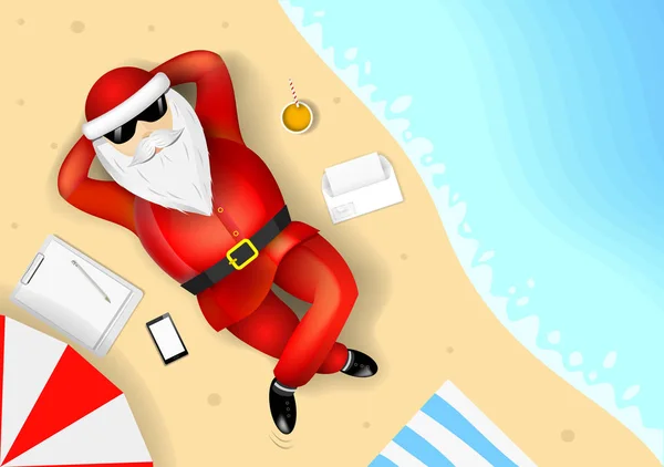Papai Noel descansando na praia — Vetor de Stock