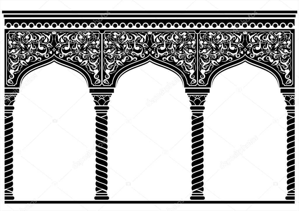 Silhouette of the arched eastern facade. Fairytale Oriental, Indian or Arabian arch, background for cover, invitation cards. Vector graphics
