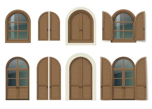 Ventana y puertas de madera con persianas — Vector de stock