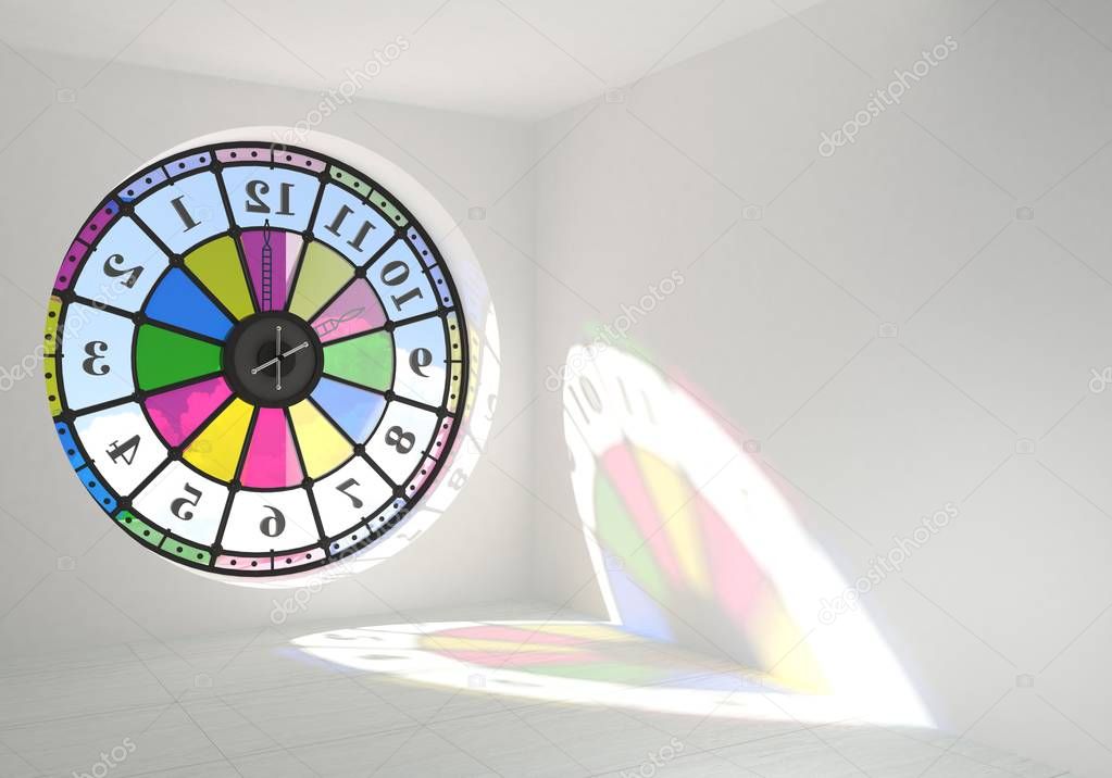Round clock window in the room