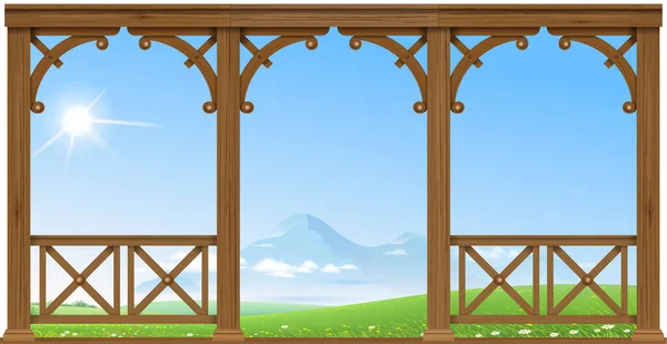 Porche de madera colinas y montañas — Vector de stock