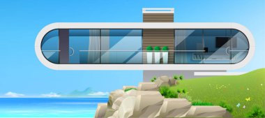 Mavi deniz bayrağının yanındaki modern villa