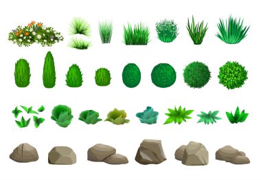 Set of vector trees bushes and stones clipart