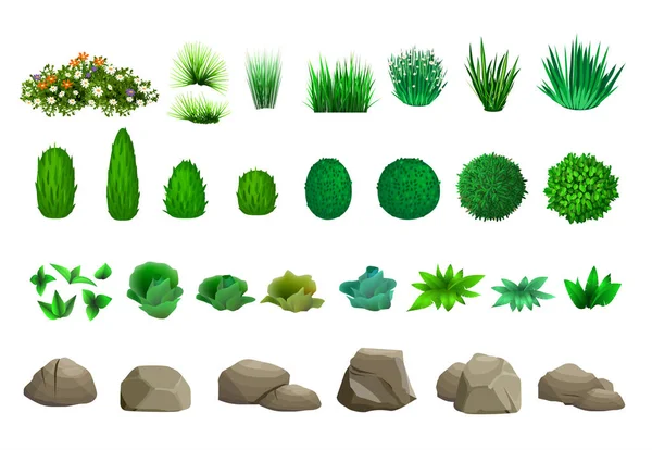 Set of vector trees bushes and stones — Stock Vector