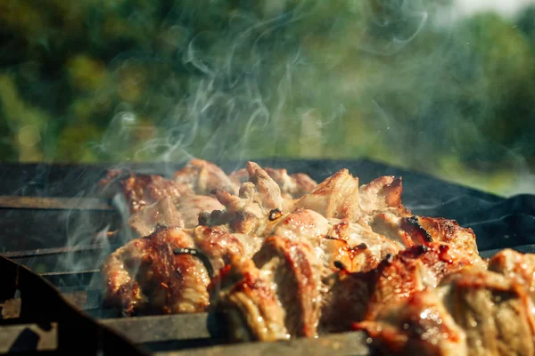 Дым поднимается над кусками мяса на шампуры обжига на гриле. Шашлык, барбекю, свинина . — стоковое фото