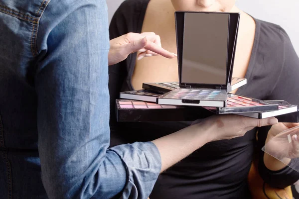 Make-up artist and model choose the color and tone of cosmetics. A make-up palette in the hands of a make-up artist