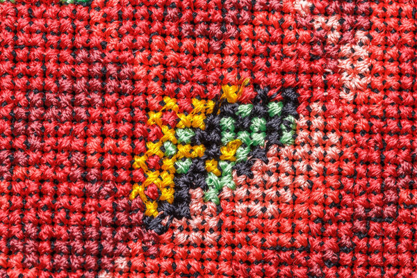 Вышивка, крестовый шов, рисовая украинская национальная вышивка, вышитые цветы на черном фоне, фактура, цветы крупным планом
