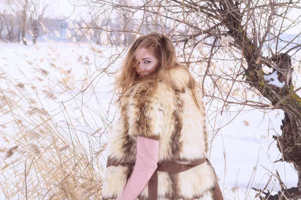 Belle jeune femme en gilet de fourrure sur fond de paysage hivernal — Photo