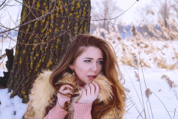 Belle jeune femme en gilet de fourrure sur fond de paysage hivernal — Photo