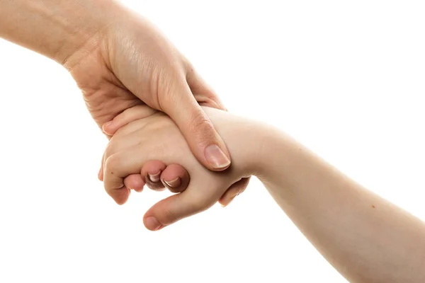 Female Hand Holding Child Palm Isolated White Background Copy Space — Stock Photo, Image