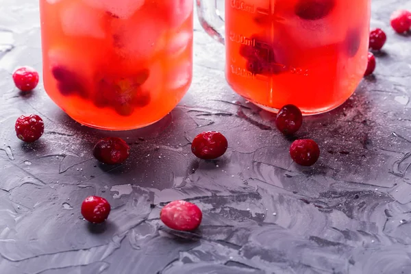 Berries Garden Cranberry Gray Concrete Table Background Glass Jars Berry — Stock Photo, Image