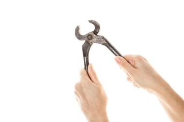 Beyaz bir arka plan üzerinde izole kadın el Vintage kerpeten