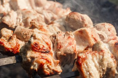 Duman et parçalarını ızgarada kavurma şiş üzerinde yükselir. Şiş kebap, Barbekü, domuz eti.