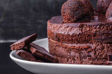 Ev yapımı çikolatalı bisküvi kek ve beyaz bir plaka üzerinde koyu çikolata parçaları