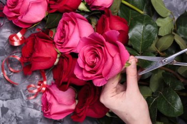 Kırmızı gül. Romantik arka plan. Anne, Sevgililer, kadınlar, düğün günü. Üstten görünüm kopya alanı ile. Metin için yer. Çiçek süsleme, model, tasarım, çerçeve.