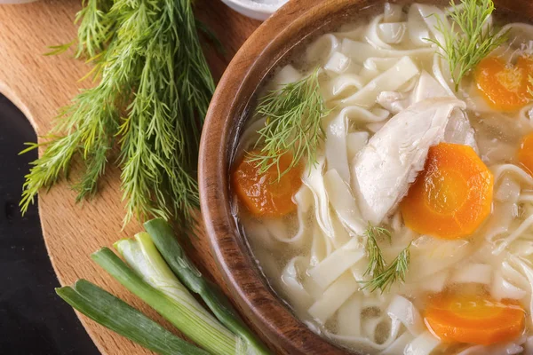 Homemade Chicken Noodle Soup Wooden Plate Wooden Board Greens Top — Stock Photo, Image