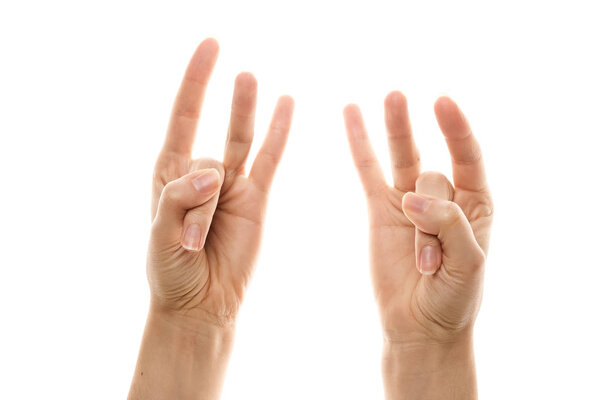 Shunya Mudra, yoga for fingers, ritual gesture in Buddhism. Isolated on white background