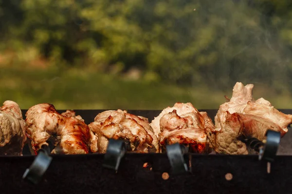 Кусочки Мяса Шашлыках Жарящиеся Гриле Шашлык Барбекю Свинина — стоковое фото