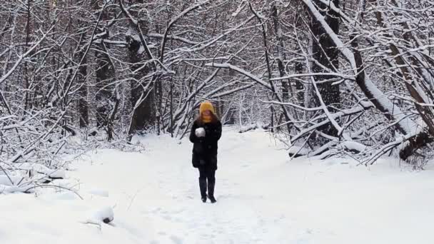 Une fille heureuse marche dans la forêt d'hiver, sourit, a une bonne humeur, joue avec la neige, lance des boules de neige — Video