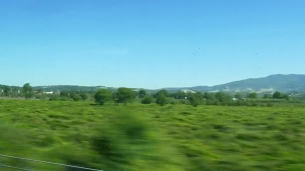 Поїзд подорожує поблизу мальовничих полів — стокове відео