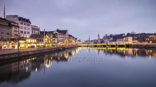 River Limmat in centre of Zurich in evening — Stock Video