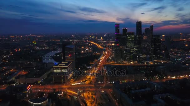 Nacht Beleuchtete Moskauer Stadtbild Verkehrsknoten Antennenpanorama Russland — Stockvideo
