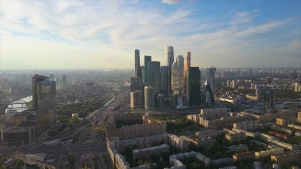 Sunny Sunset Moskva Modern Stad River Antenn Panorama Ryssland — Stockvideo