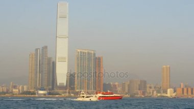 Hong kong kowloon bay panorama 4 k Çin bina ICC günbatımı Zamanı