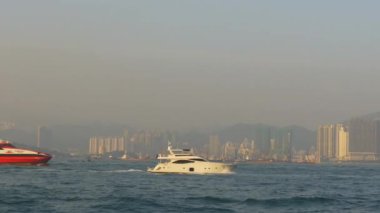 Hong kong kowloon liman koyu Rating tekne panorama 4 k Çin günbatımı Zamanı