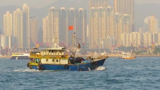 Solnedgången Hong Kong Kowloon Harbour Bay Trafik Båt Panorama Kina — Stockvideo