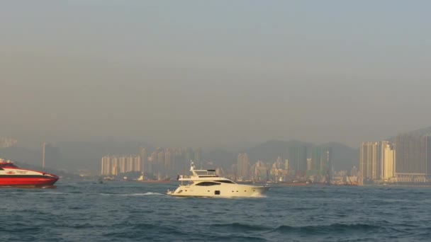 Coucher Soleil Hong Kong Kowloon Baie Portuaire Trafic Bateau Panorama — Video