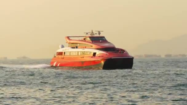 Заката Гонконг Коулун Гавань Залива Панорама Лодки Китай — стоковое видео