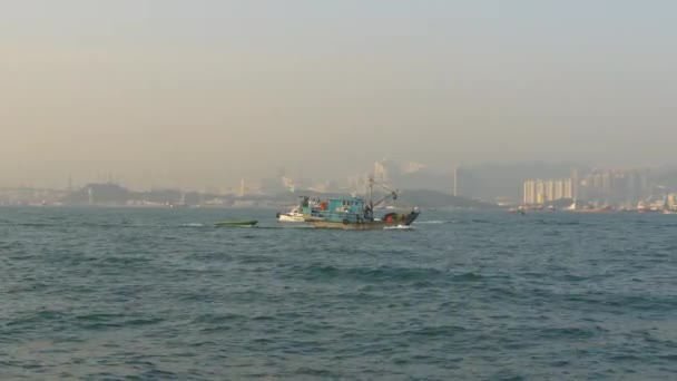Atardecer Tiempo Hong Kong Kowloon Bahía Tráfico Barco Panorama China — Vídeo de stock