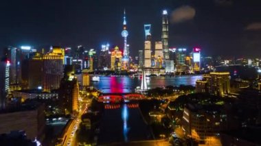 gece ışıklı ünlü cityscape hava panorama 4 k Çin shanghai