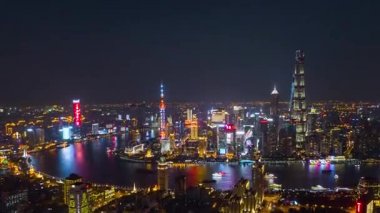 gece ışıklı ünlü cityscape hava panorama 4 k Çin shanghai