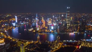 gece ışıklı ünlü cityscape hava panorama 4 k Çin shanghai