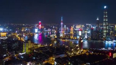 gece ışıklı ünlü cityscape hava panorama 4 k Çin shanghai