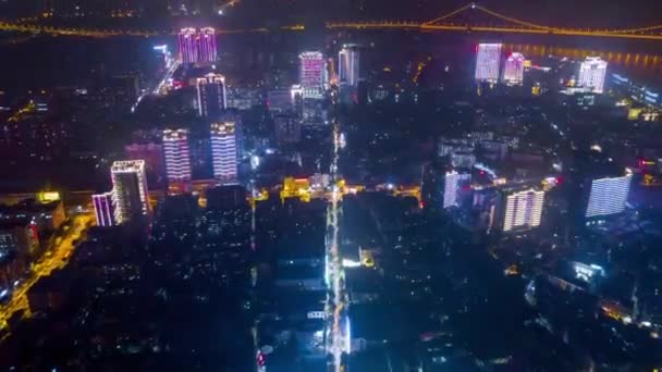 Нічний Час Освітлена Ухань Міський Пейзаж Повітряних Панорама Китай — стокове відео