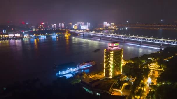 Nachts Verlicht Wuhan Stadsgezicht Luchtfoto Panorama China — Stockvideo